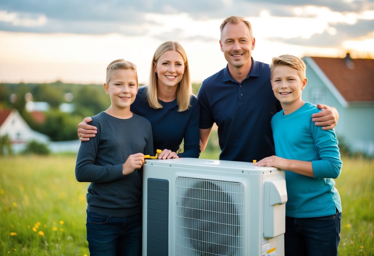 En familie i Næstved installerer en ny varmepumpe smilende som de sparer penge og energi